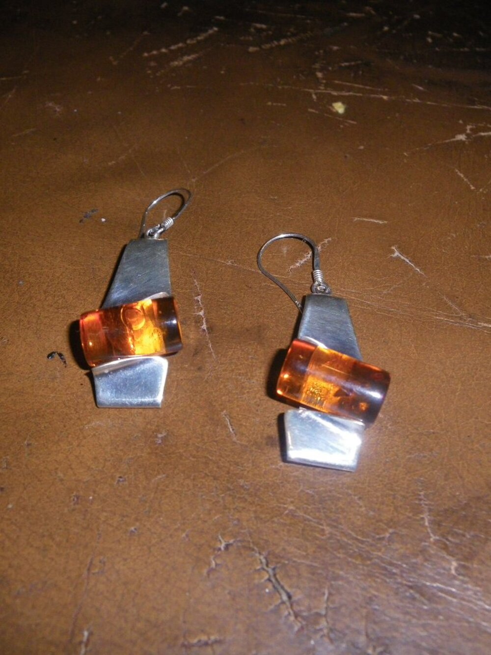 Women’s Sterling Silver Abstract Dangling Earrings w/ Large Amber Gemstones